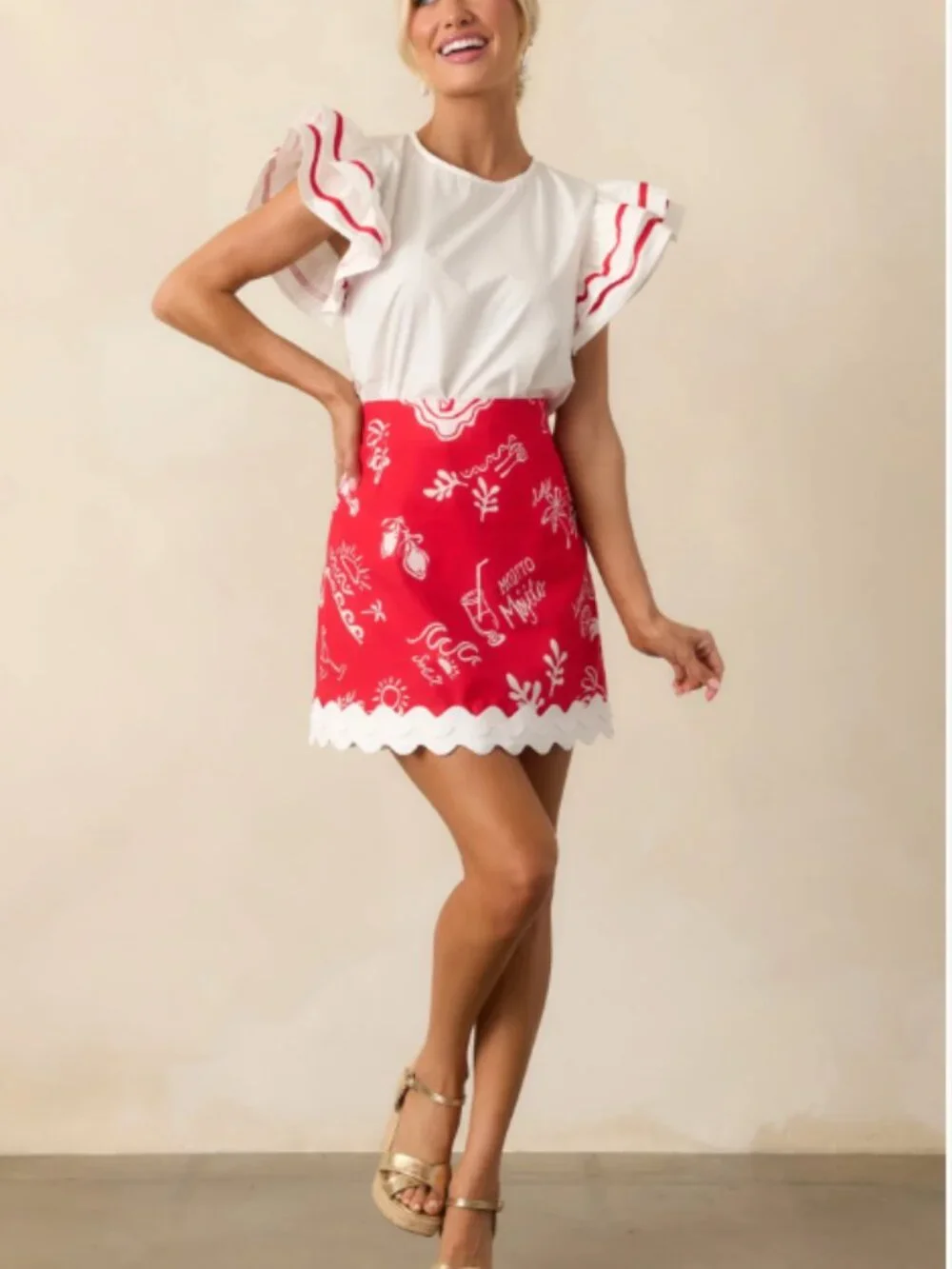 Prosperina Salome Red Mojito Print Scallop Mini Skirt Linen Medium NWT - Picture 6 of 10